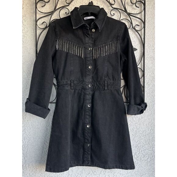 Zara Rhinestone Fringe Denim Dress - Size Small - Picture 3 of 11